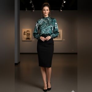 Ted Baker London Teal- Blue Rococo High Neck Floral  Blouse Size (8- 10)